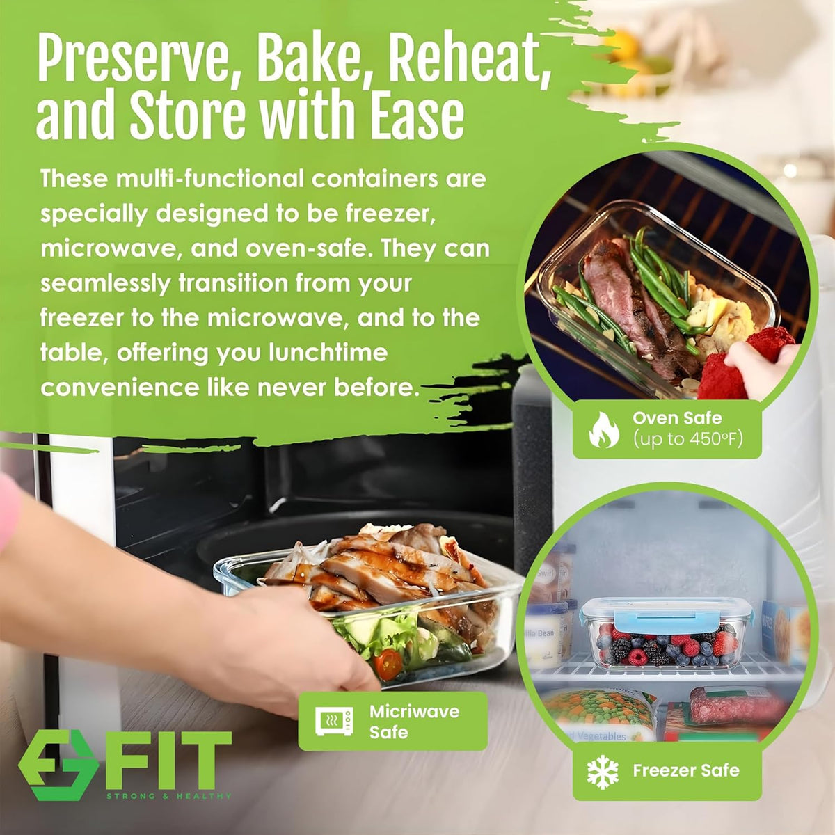 Glass Meal Prep Containers 2 and 3 Compartments, Leak-Proof, 32 oz, 4 Pack