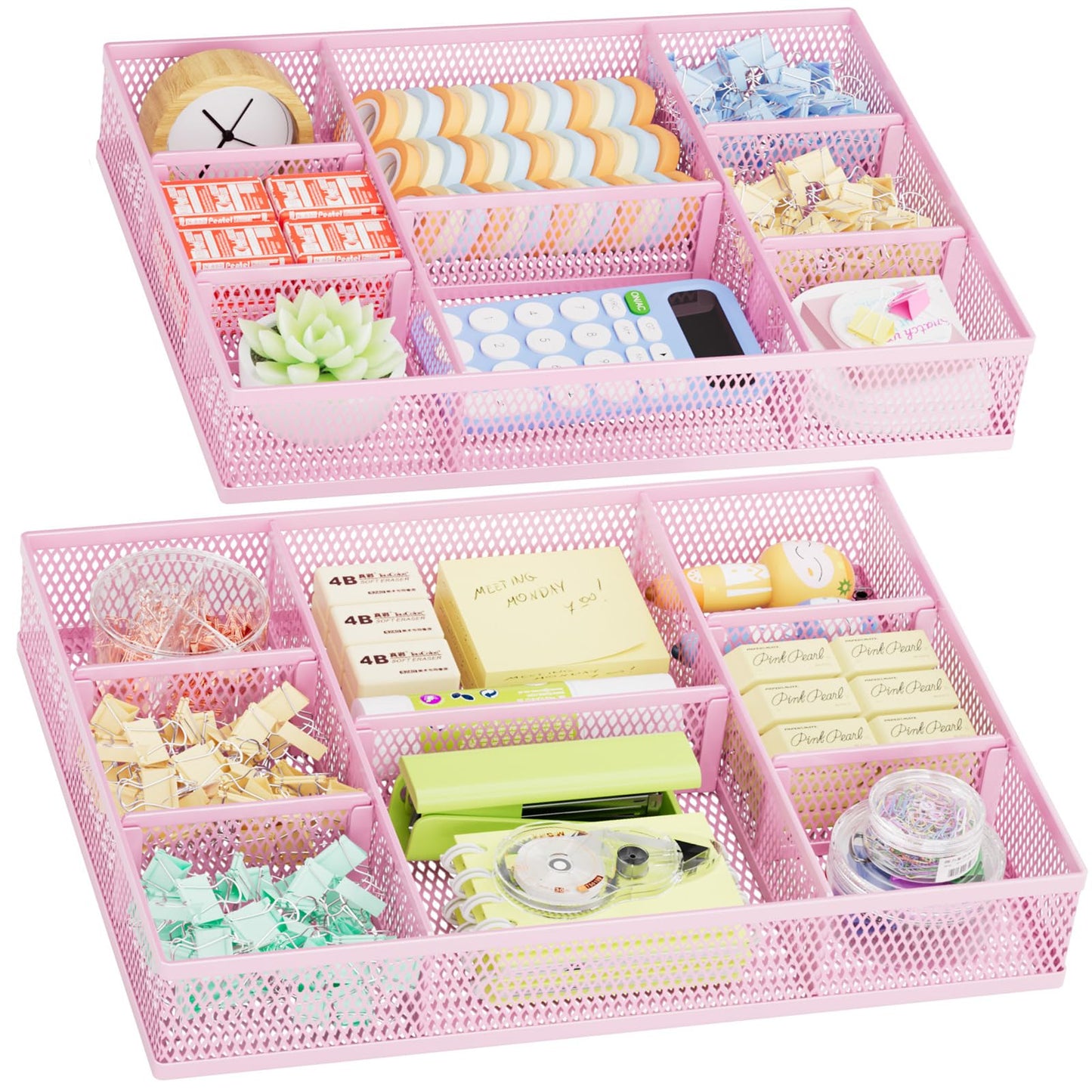 Marbrasse 2 Pack Desk Drawer Organizer, Mesh Drawer Organizer Tray with 8 Adjustable Compartments, Desk Organizers and Accessories, 5 Dividers Drawer for Office Supplies, Makeup & Vanity (Black)