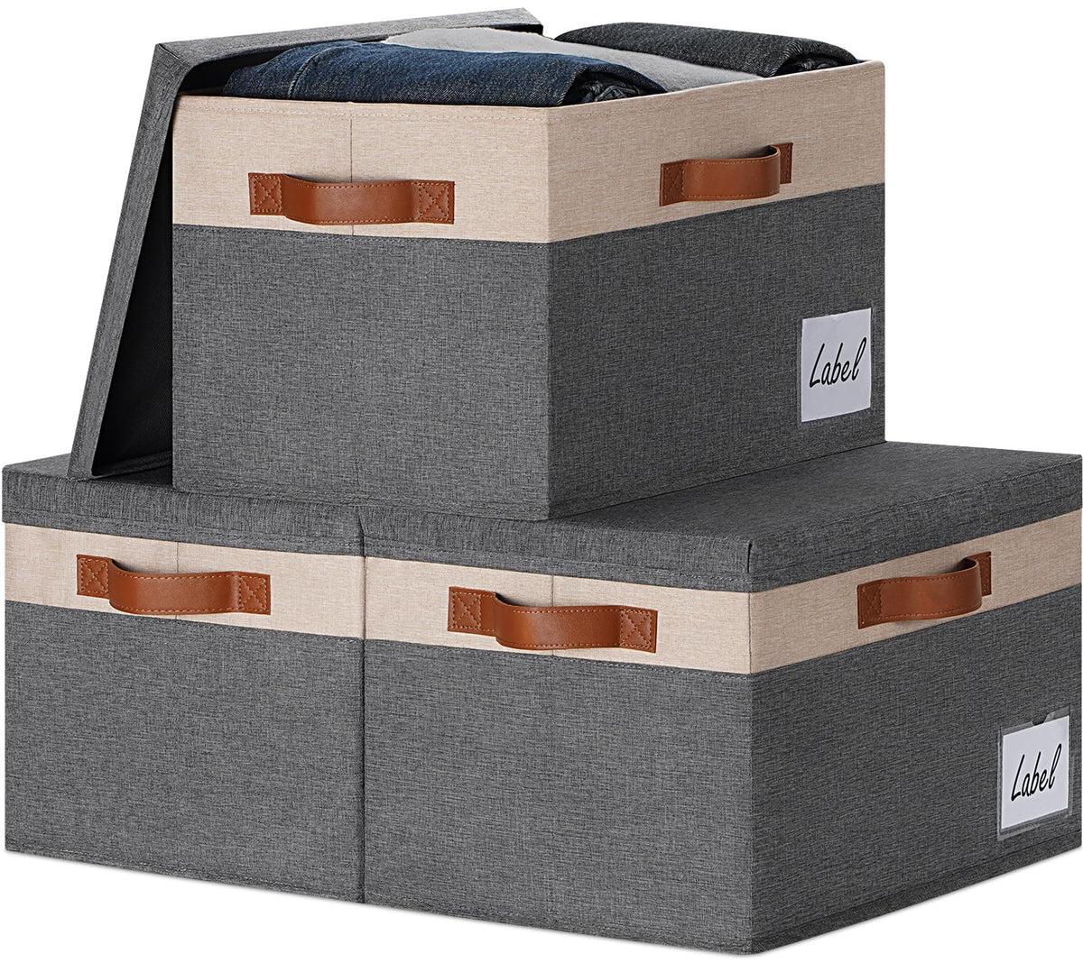 GhvyenntteS Large Fabric Storage Bins with 3 Handles, 15x11x9.6 Inch Storage Baskets for Shelves, Foldable Closet Storage Bins for Shelves, Closet Organizers and Storage Boxes 3 Pack
