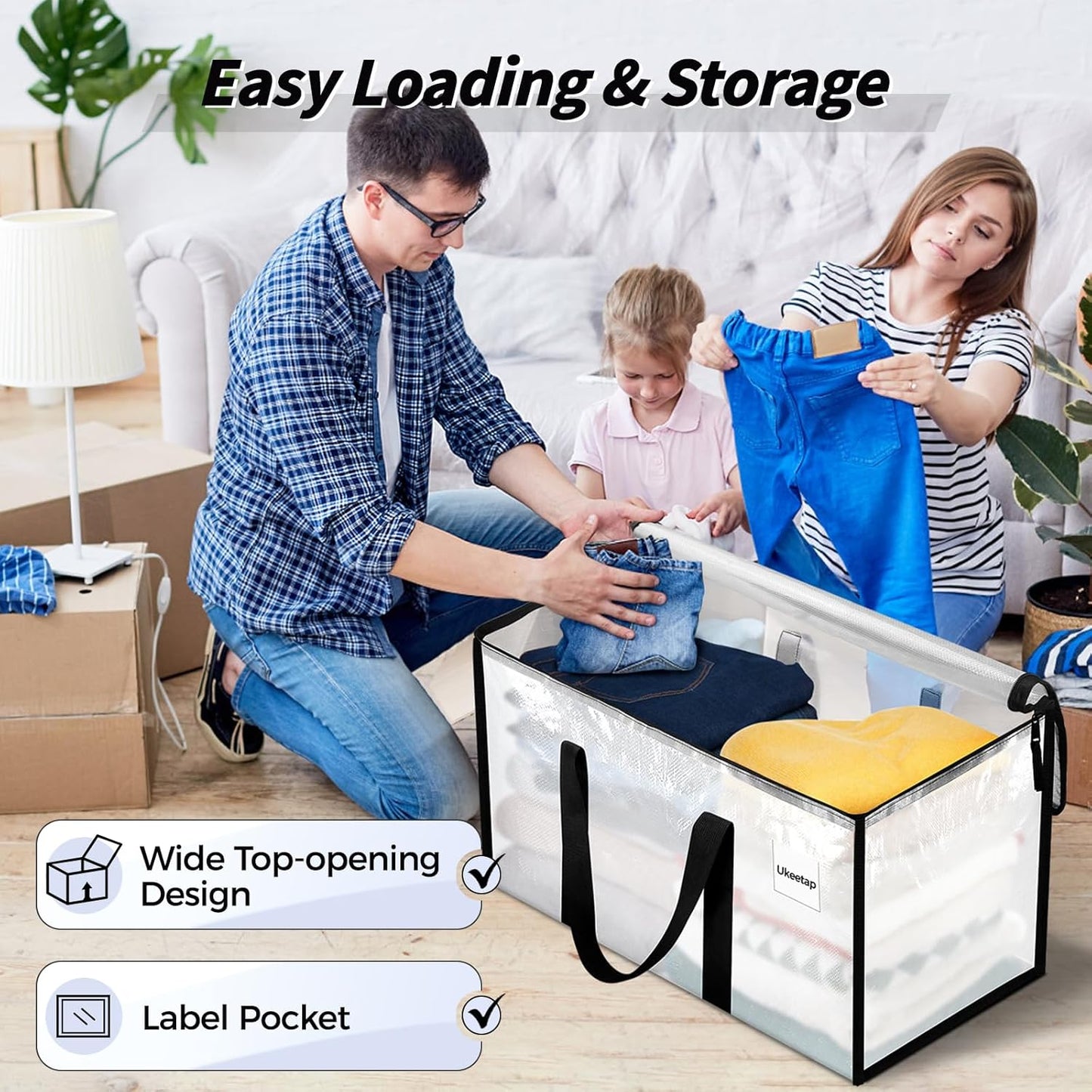 8 Pack Extra Large Clothes Storage Bins with Lids, Moving Bags, Clear