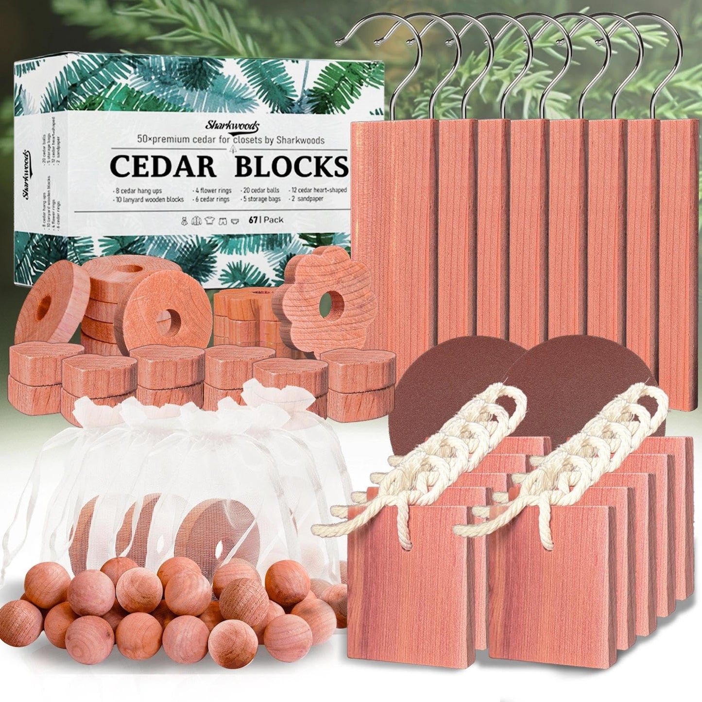 Cedar Blocks for Clothes Storage, 50 Pack, 30 Cedar Rings and 20 Balls