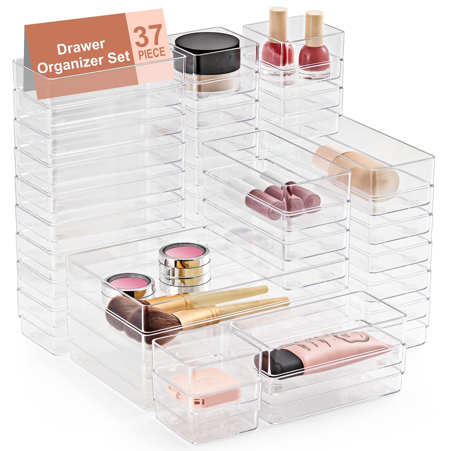 SMARTAKE 13 PCS Drawer Organizer 5-Size Desk Makeup Drawer Organizer Clear