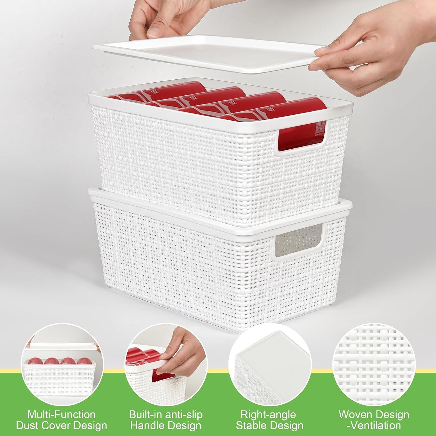 6 Pack Plastic Storage Baskets with Lid,White Stackable Bins