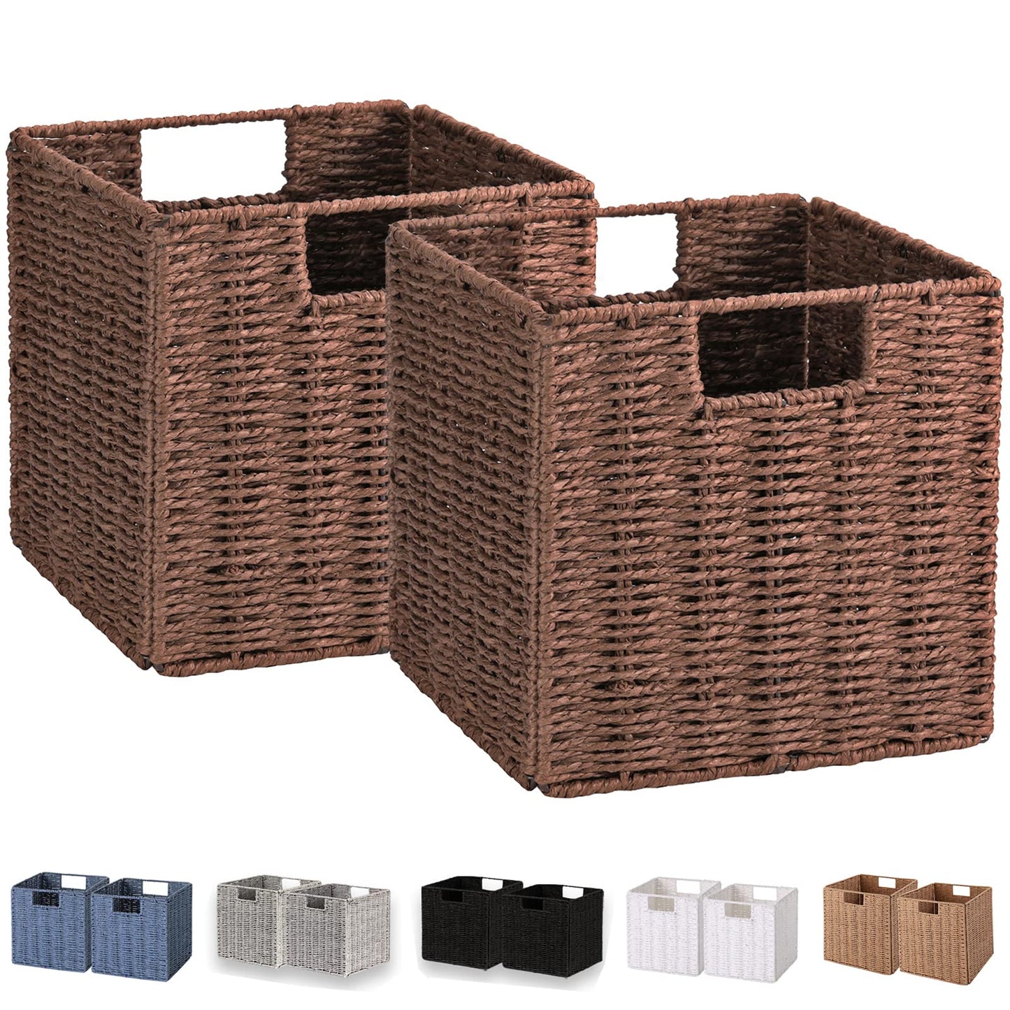 Vagusicc Wicker Storage Basket, Set of 2 Hand-Woven Storage Baskets for Shelves, Foldable Cube Storage Baskets Bins with Handles, 9 inch Small Wicker Baskets for Organizing Pantry Bedroom, Brown