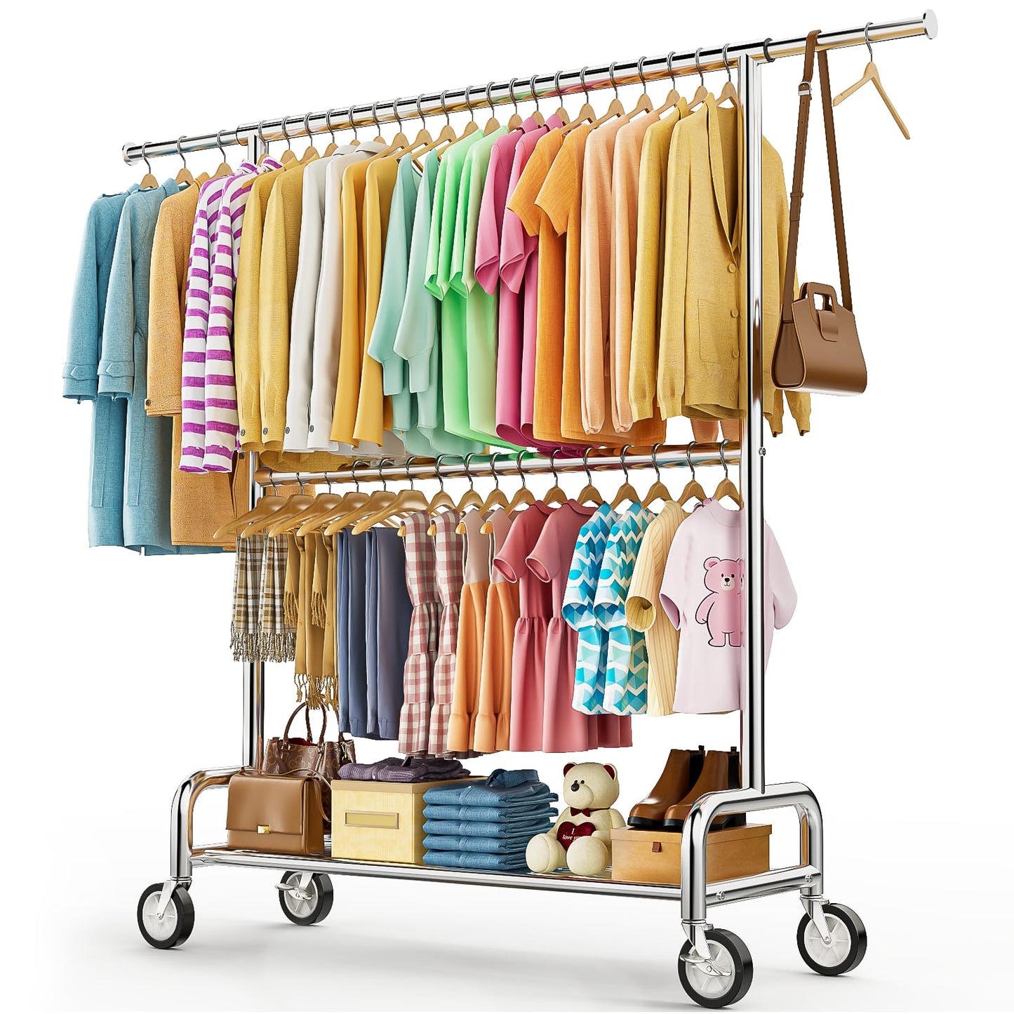 Heavy Duty Clothes Rack Load 960LBS, Three Rods Rolling Clothing Racks for Hanging Clothes, Rolling Garment Rack With Sturdy Wheels Shelves Hooks, Portable & Adjustable Commercial Garment Rack, Silver