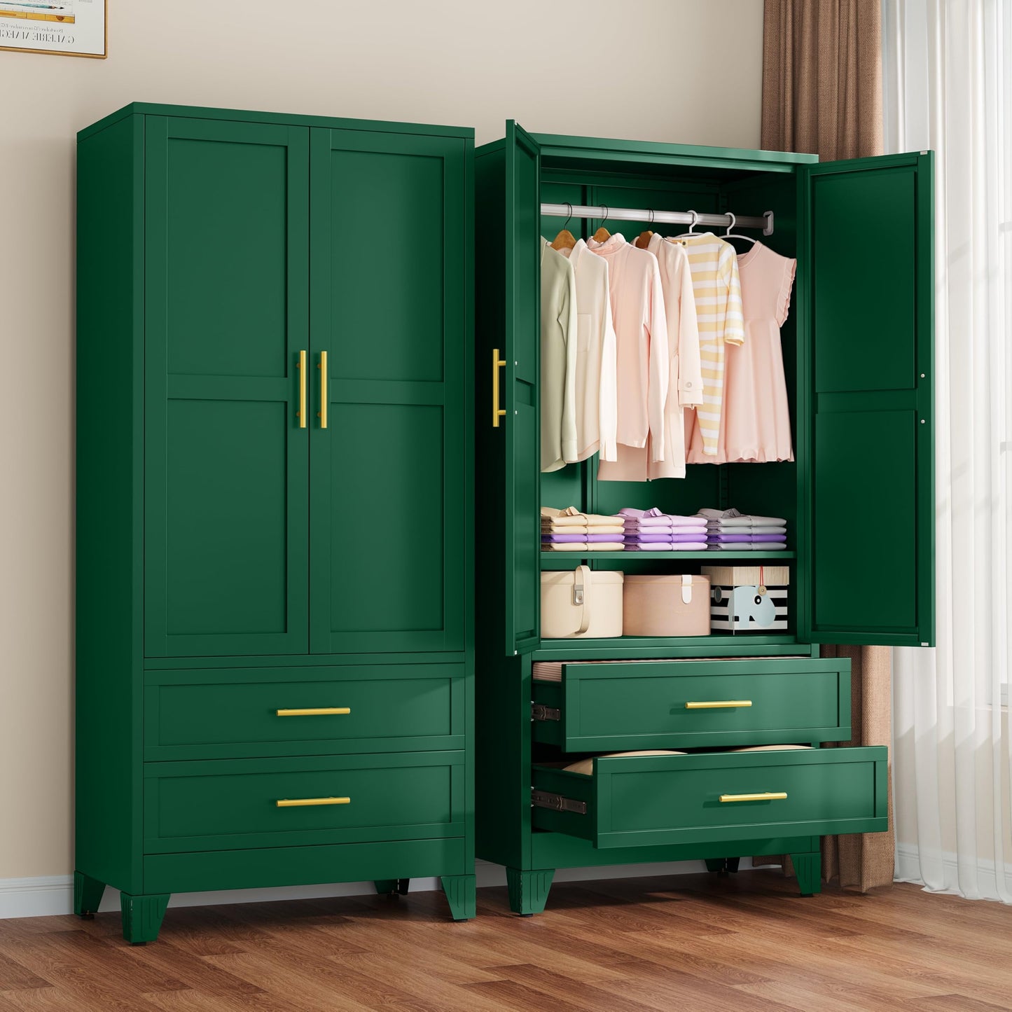 Metal Armoire Wardrobe Closet, 71" Clothing Storage Cabinet with Mirror