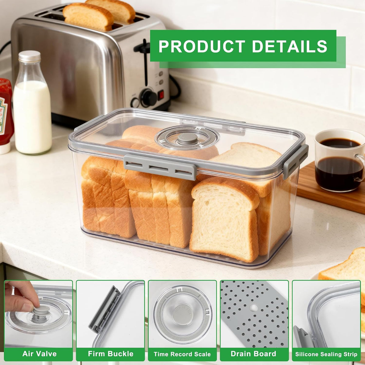 Tiawudi Plastic Bread Box for Kitchen Countertop, Airtight Bread Storage Container for Homemade Bread, Toast, Loaf, Bagel, Donut and Cookies, Time Recording Bread Keeper, Dishwasher Safe