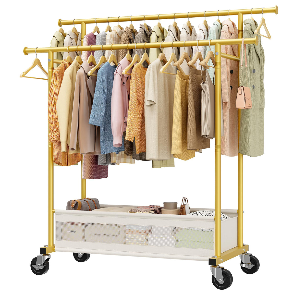 Clothes Rack 210 LBS Double Rods Extra Storage Basket