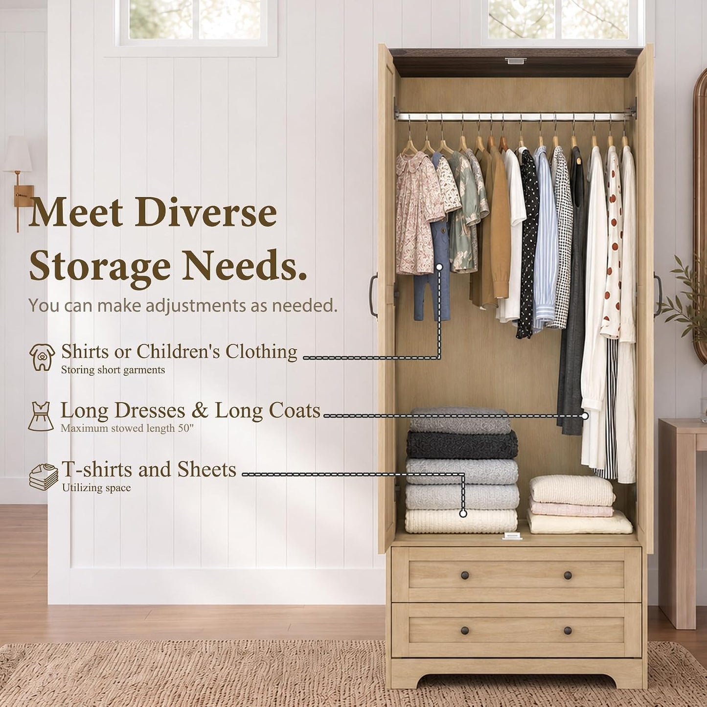 Yechen 71" Wooden Armoire Wardrobe Closet with 2 Doors & 2 Drawers, Natural