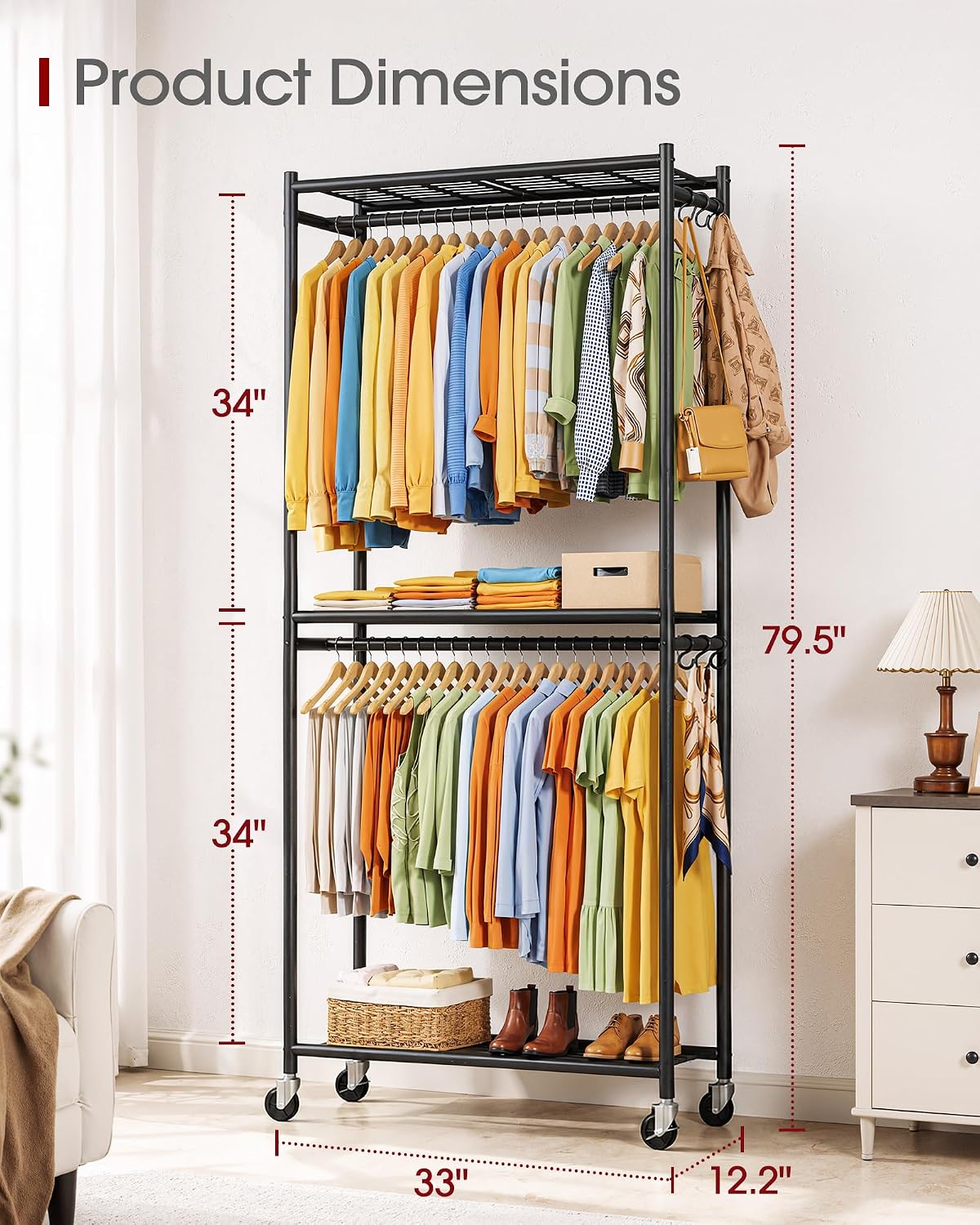 Sakugi Clothes Rack - 33.0" x 12.2" x 79.5" Clothing Rack with Shelves & Wheels, Multi-Functional Wardrobe Closet with Hooks, Sturdy Metal Garment Rack for Bedroom, Laundry, Balcony (Black)