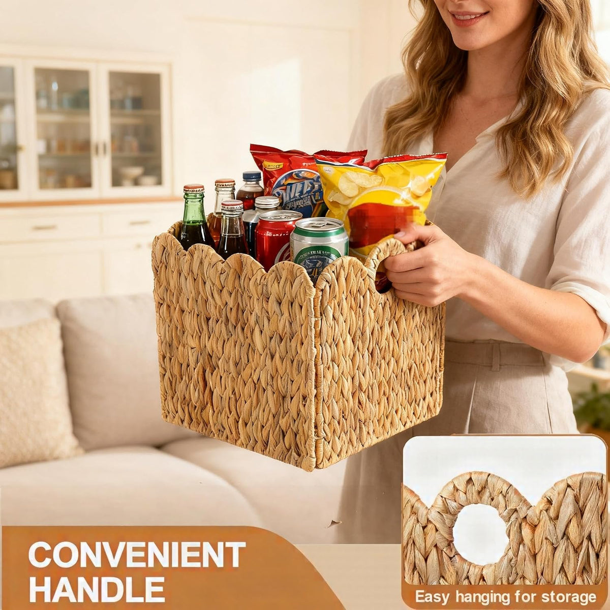 Scalloped Wicker Storage Cubes Basket, 12”x12“ Heavy Duty Paper rope/Hyacinth/Seagrass Baskets for Shelves, Foldable Natural Boho Square Bins (Water Hyacinth&10.5 x 10.5 x 10.5in&4-Pack)