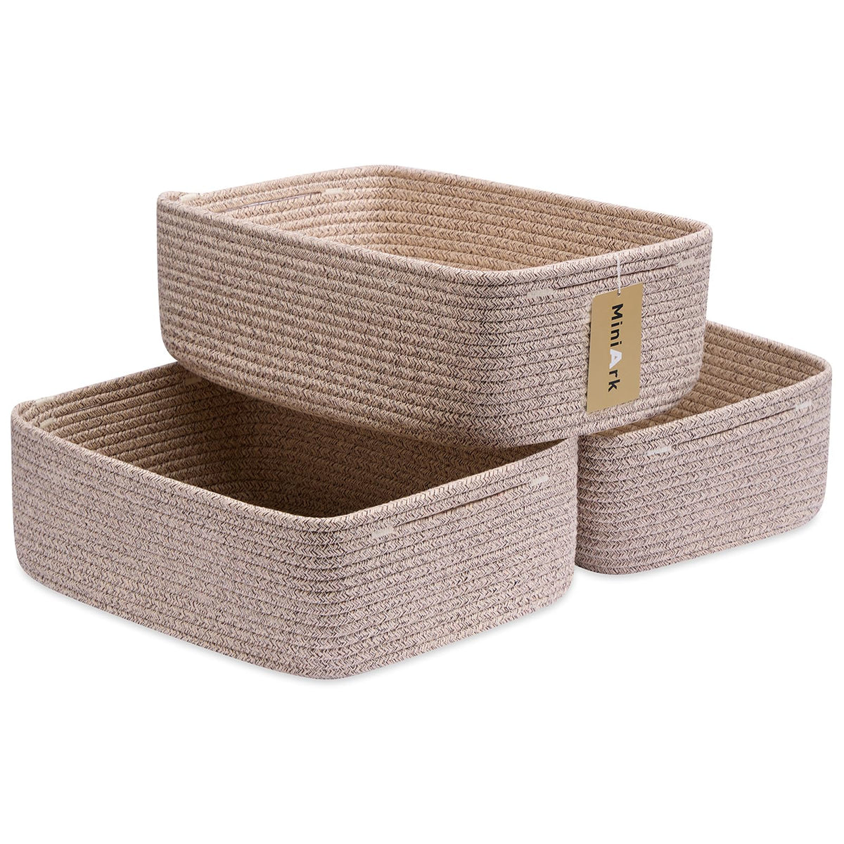MiniArk Large Shallow Organizing Baskets 15x11x5.1 Inches - Rope Woven Storage Bins for Bathroom, Shelves, Cube Closet, Mixed Brown 2 Packs