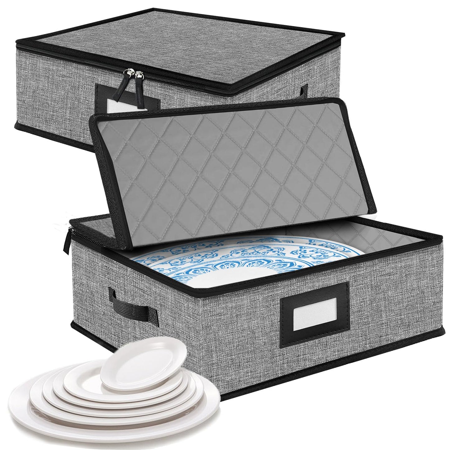 China Storage Containers-Quilted Dish Storage Containers with Lid Hard Shell for Moving Transport, Dinnerware Storage,Stackable Plate Storage,24 Felt Plate Dividers Included,2PACK 12*12*8in