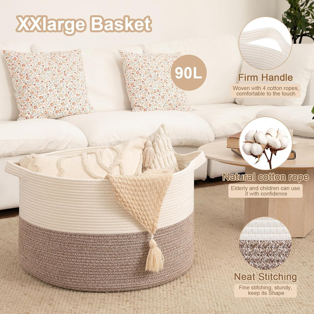 OIAHOMY 90L XXXLarge Blanket Basket Living Room Laundry Basket Brown