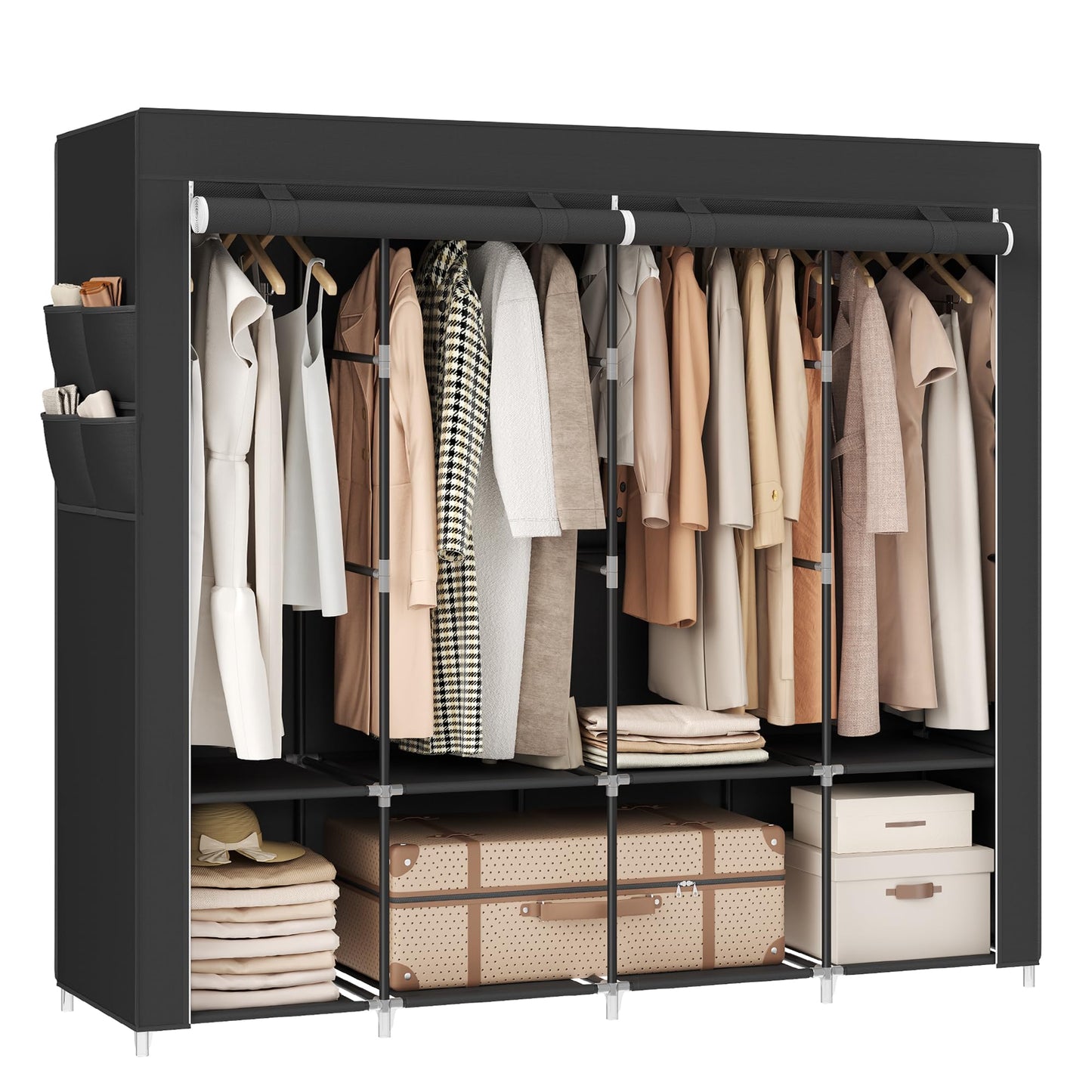 SONGMICS Portable Closet with Cover, 4 Hanging Rods and Shelves