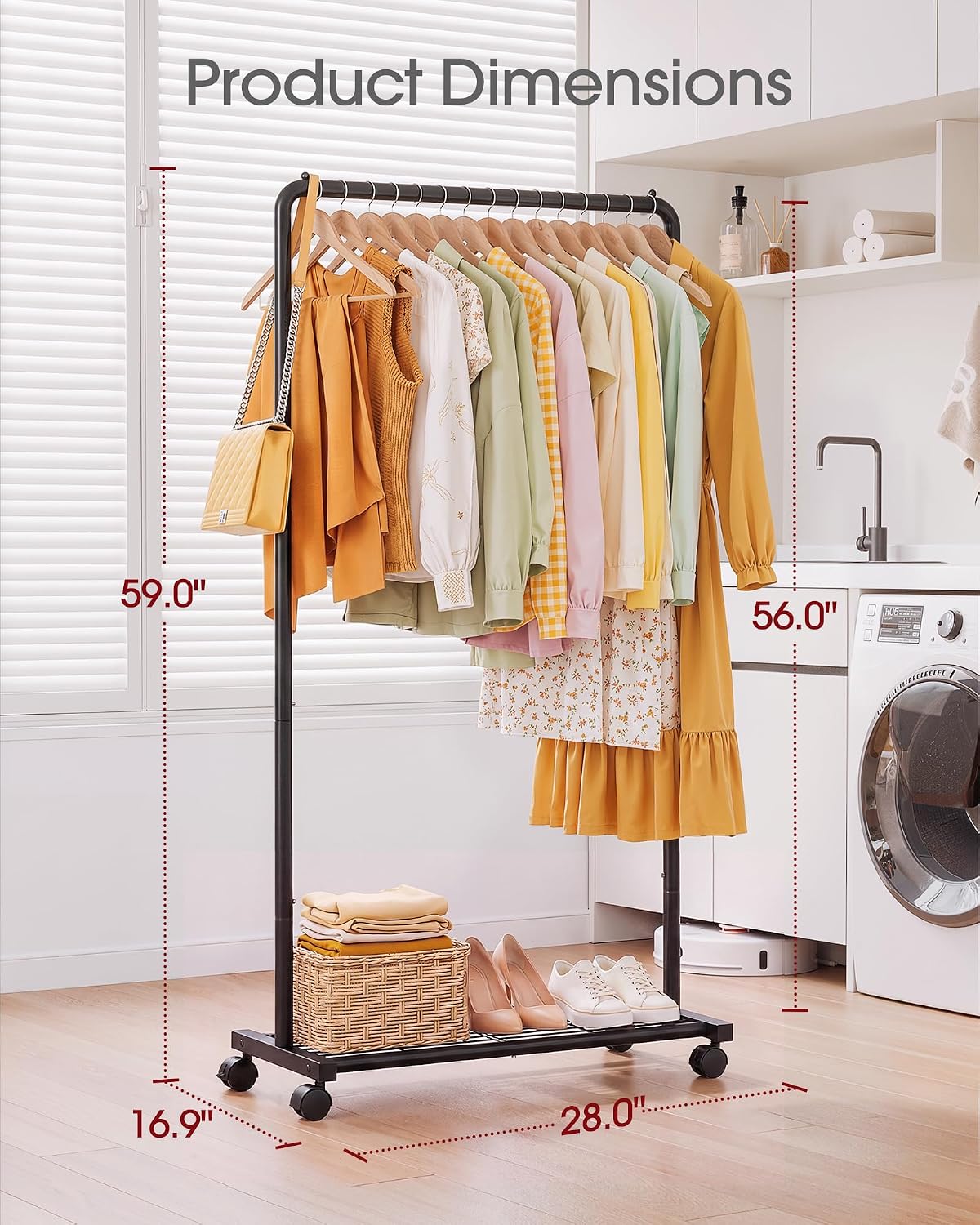 Sakugi Clothes Rack - Clothing Rack with Storage Mesh Shelf & Casters, Heavy-Duty Metal Clothing Rack for Hanging Clothes, Dresses, Coats, Large Load Capacity, Easy Assembly, Black, 28.0"x16.9"x59.0"