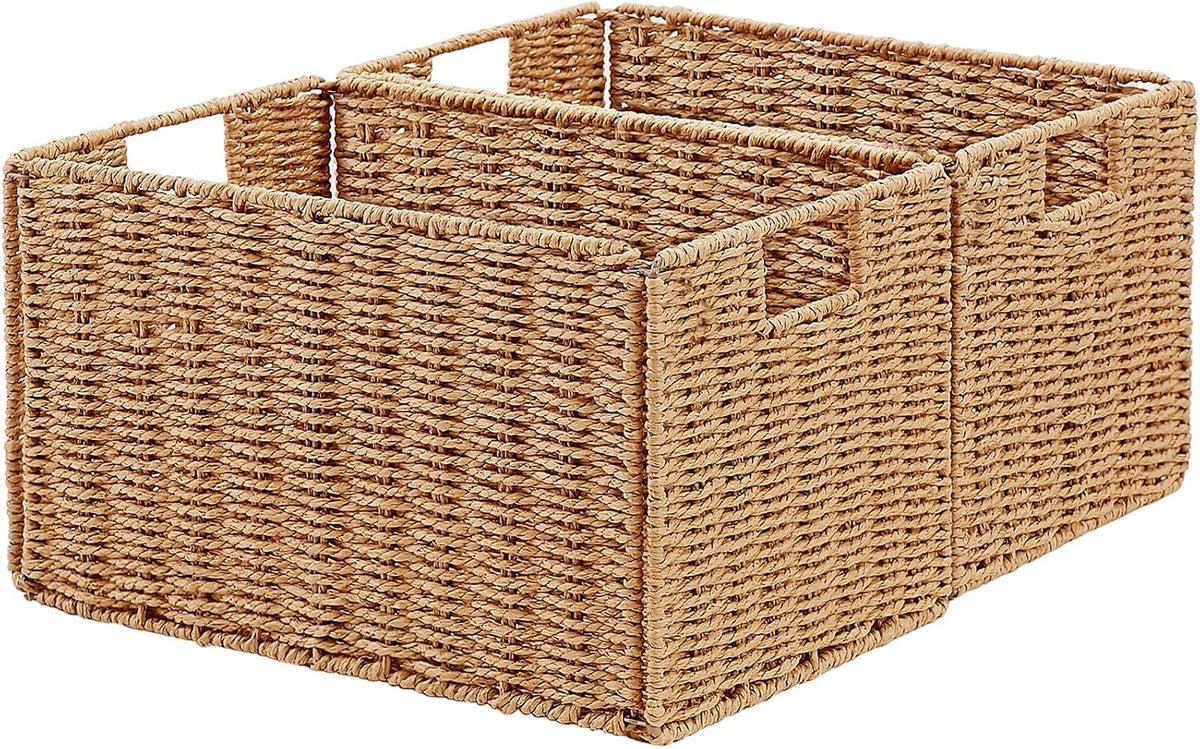 Vagusicc Wicker Storage Basket, Set of 2 Hand-Woven Paper Rope Wicker Basket, Small Storage Baskets for Organizing Toilet Paper Basket, Foldable Large Cube Storage Organizer Bins for Shelves (Natural)