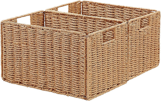 Vagusicc Wicker Storage Basket, Set of 2 Hand-Woven Paper Rope Wicker Basket, Small Storage Baskets for Organizing Toilet Paper Basket, Foldable Large Cube Storage Organizer Bins for Shelves (Natural)