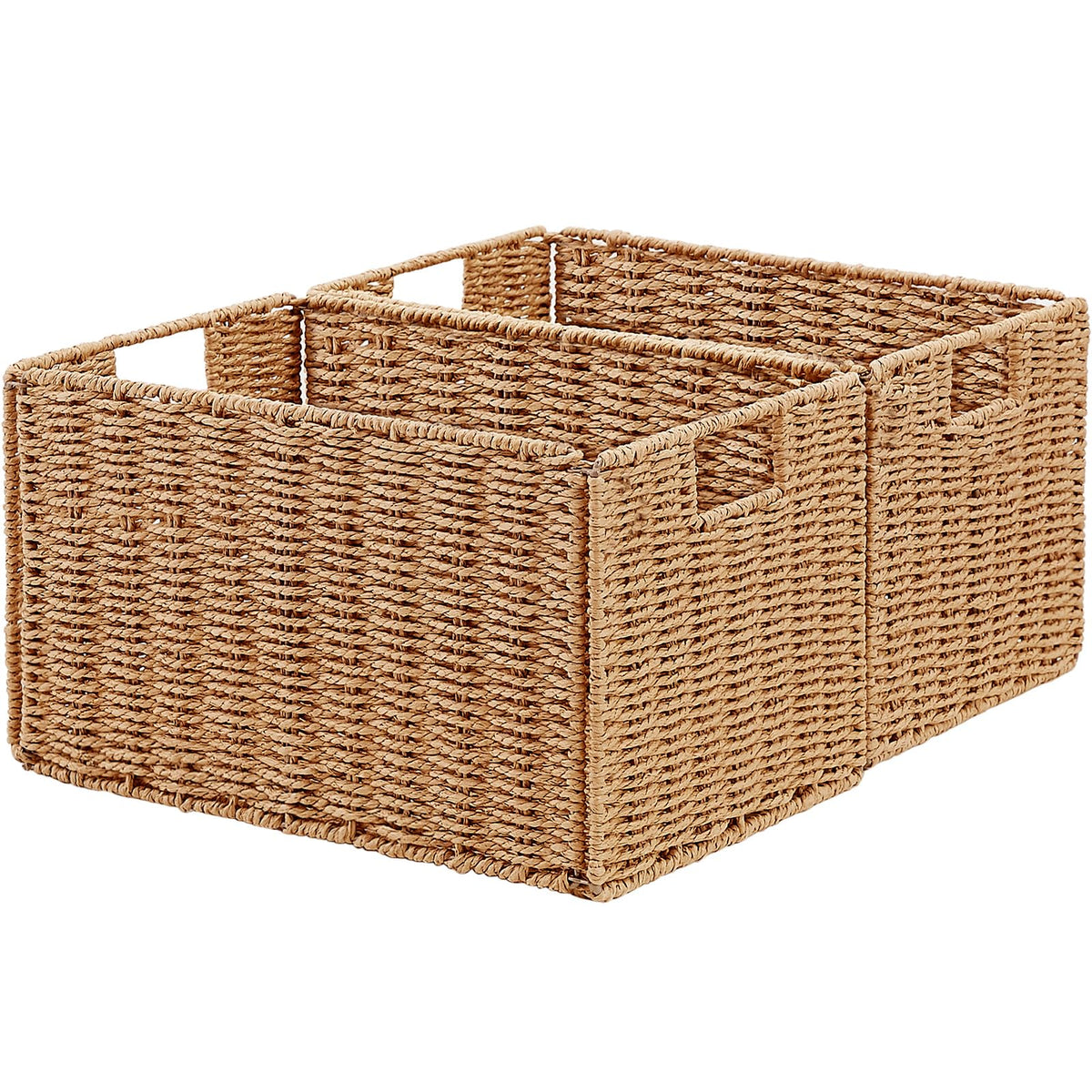 Vagusicc Wicker Storage Basket, Set of 2 Hand-Woven Paper Rope Wicker Basket, Small Storage Baskets for Organizing Toilet Paper Basket, Foldable Large Cube Storage Organizer Bins for Shelves (Natural)