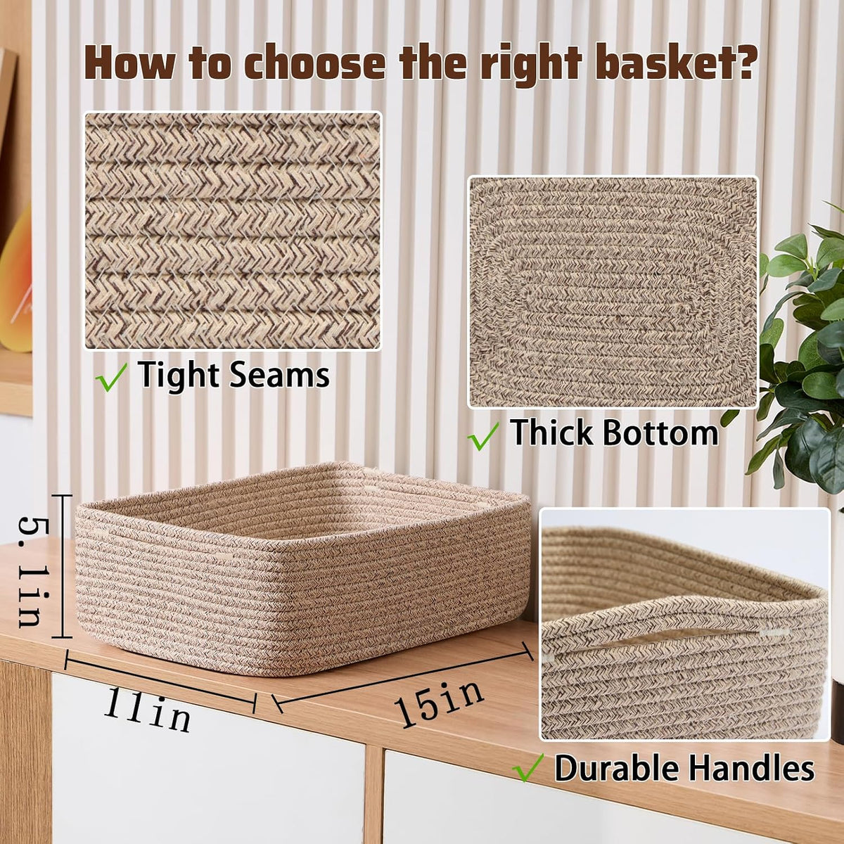 MiniArk Large Shallow Organizing Baskets 15x11x5.1 Inches - Rope Woven Storage Bins for Bathroom, Shelves, Cube Closet, Mixed Brown 2 Packs