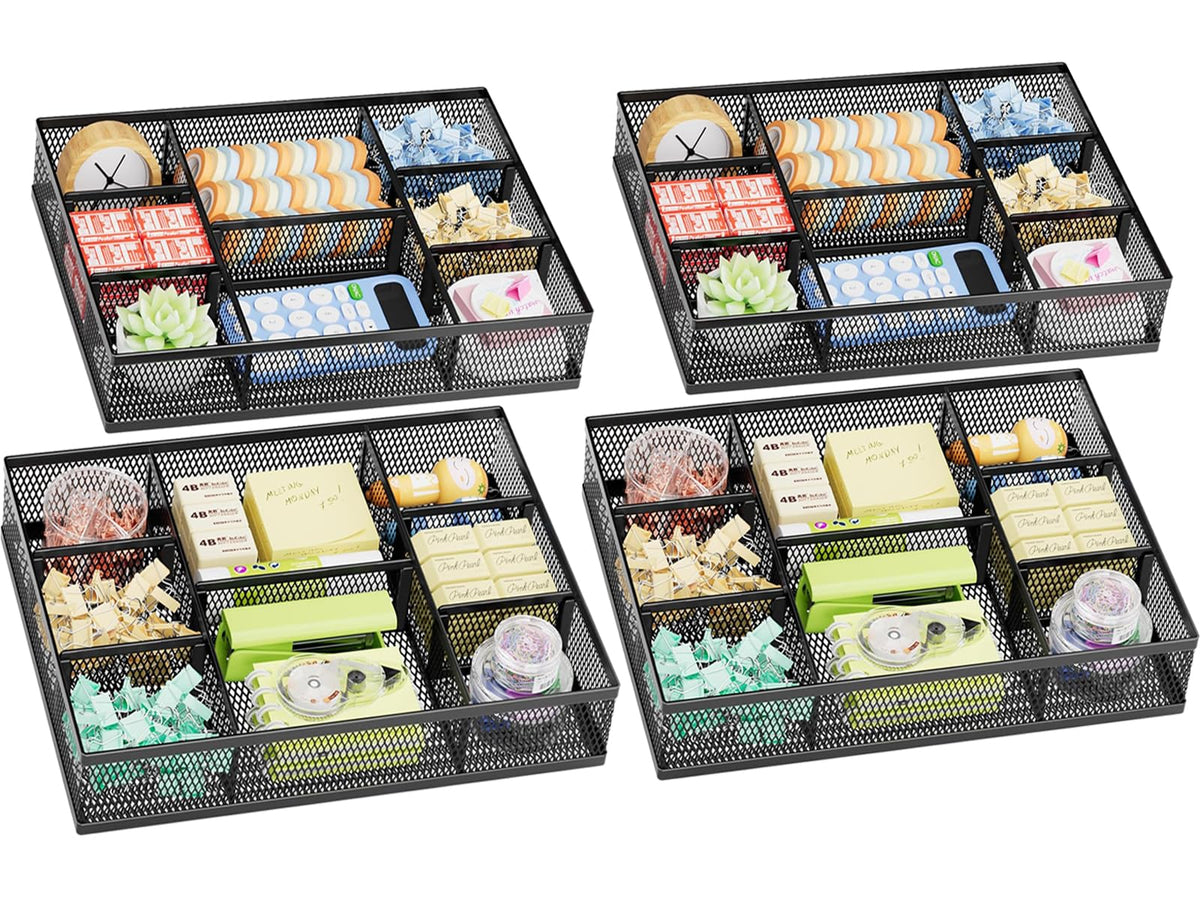 Marbrasse 2 Pack Desk Drawer Organizer, Mesh Drawer Organizer Tray with 8 Adjustable Compartments, Desk Organizers and Accessories, 5 Dividers Drawer for Office Supplies, Makeup & Vanity (Black)