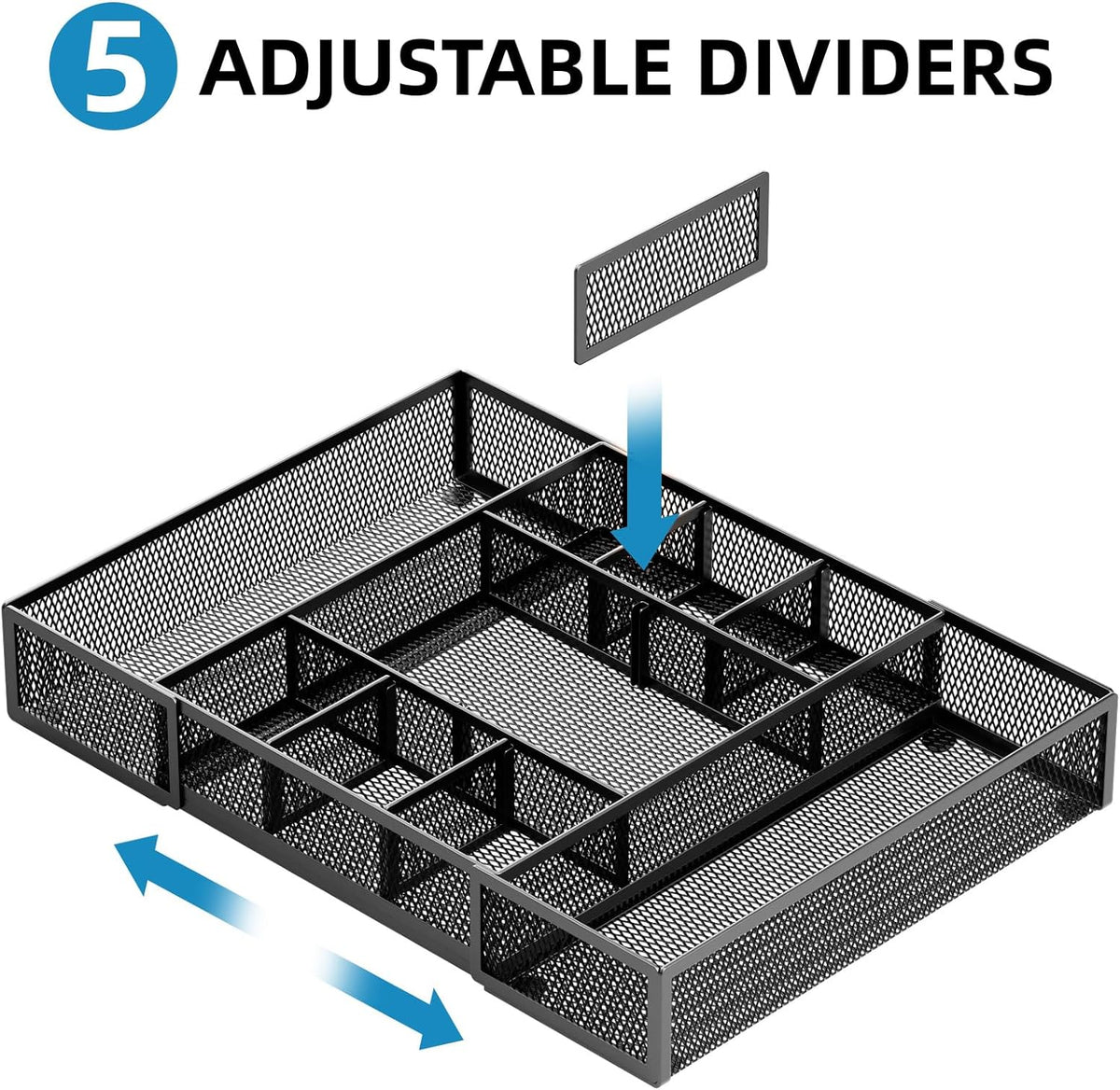 Marbrasse Expandable Desk Drawer Organizer, Mesh Drawer Organizer Tray with 10 Adjustable Compartments, Desk Organizers and Accessories, 5 Dividers Drawer for Office Supplies, Makeup & Vanity (Black)