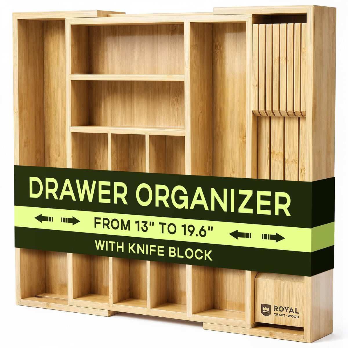 ROYAL CRAFT WOOD Luxury Bamboo Kitchen Drawer Organizer - Silverware Organizer, Utensil Holder & Cutlery Tray Drawer Dividers for Flatware (9 Slot, Natural)