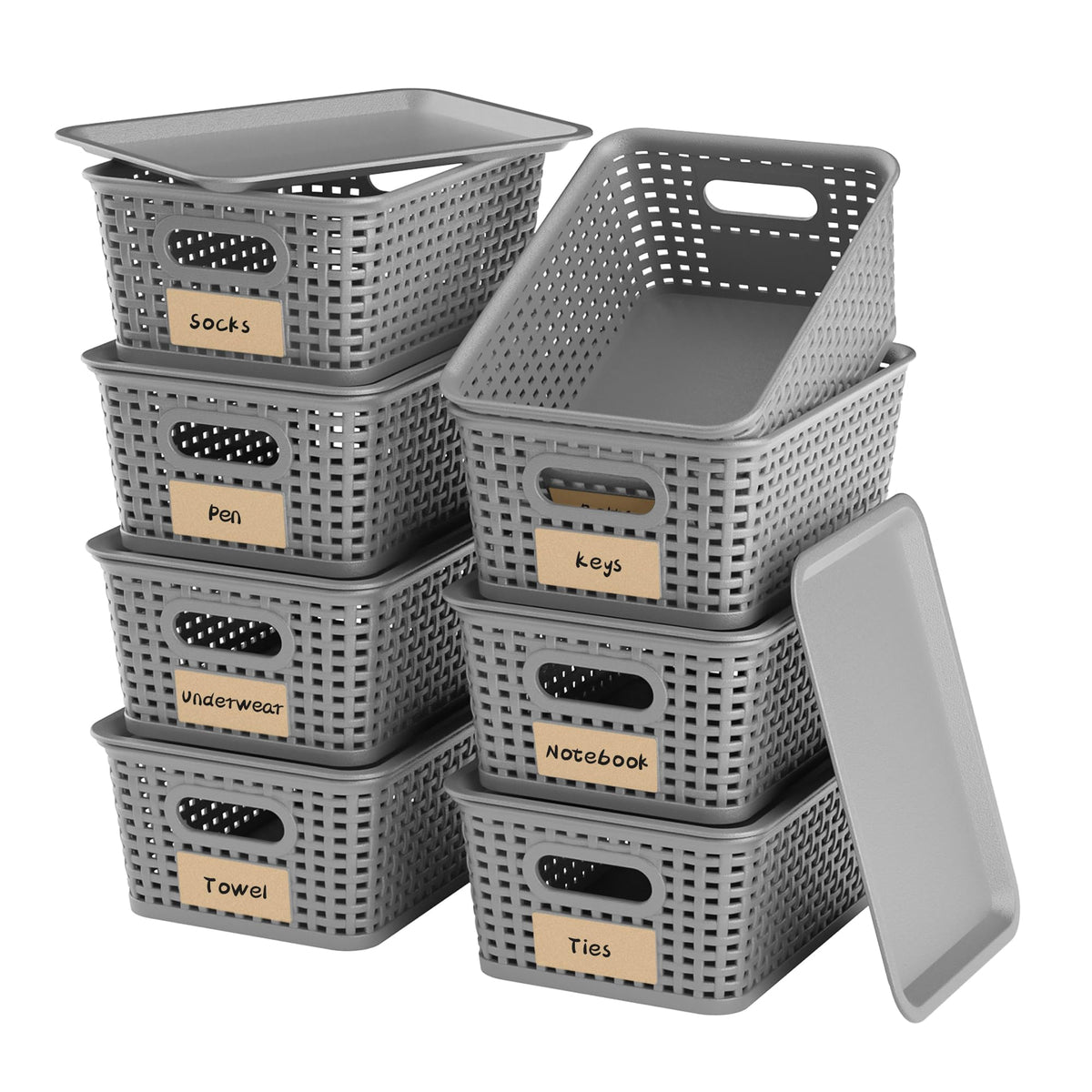 6 Pack Plastic Storage Baskets with Lid,White Stackable Bins
