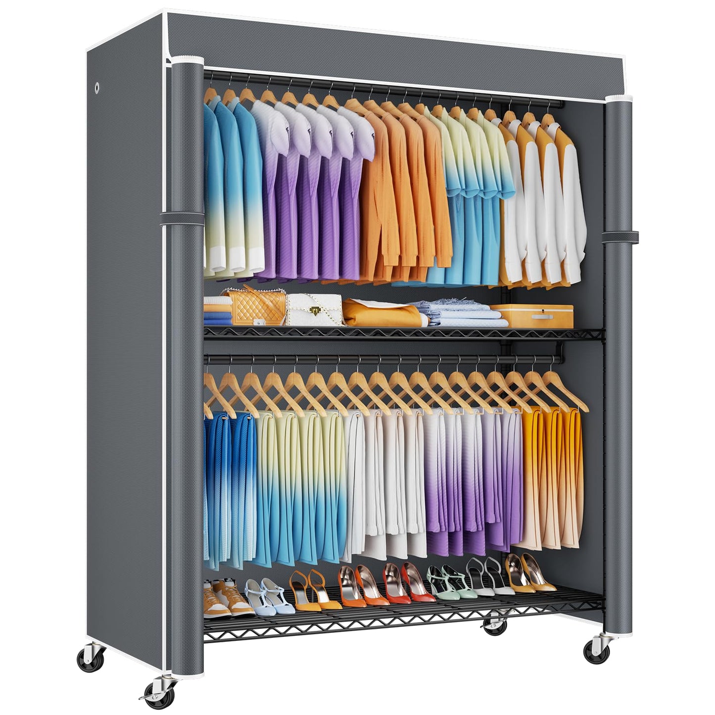 ULIFHOME P8C Max Heavy Duty Clothes Rack（With Extended Width Design） Rolling Clothing Racks for Hanging Clothes with Lockable Wheels，51.2"W x 15.8"D x 80.5"H，Load 800LBS，Black Rack with Black Cover