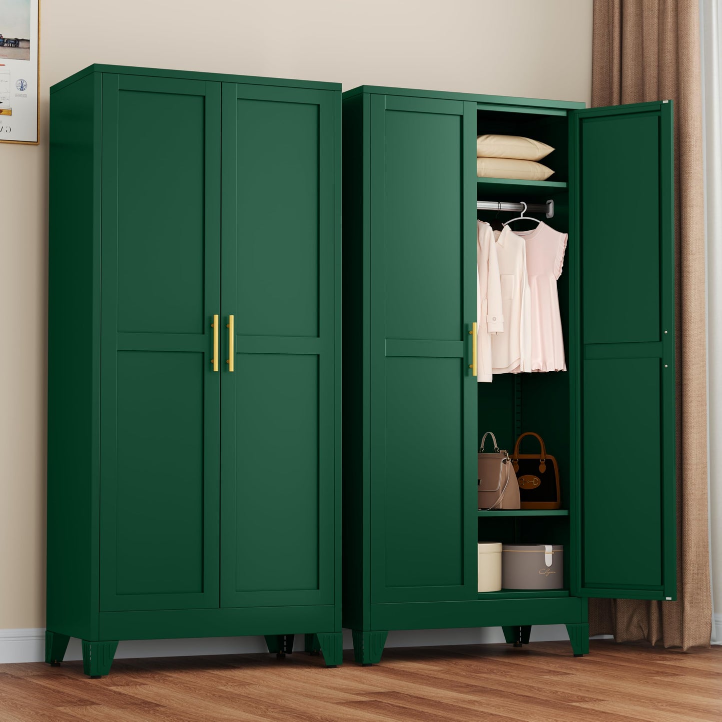 Metal Armoire Wardrobe Closet, 71" Clothing Storage Cabinet with Mirror