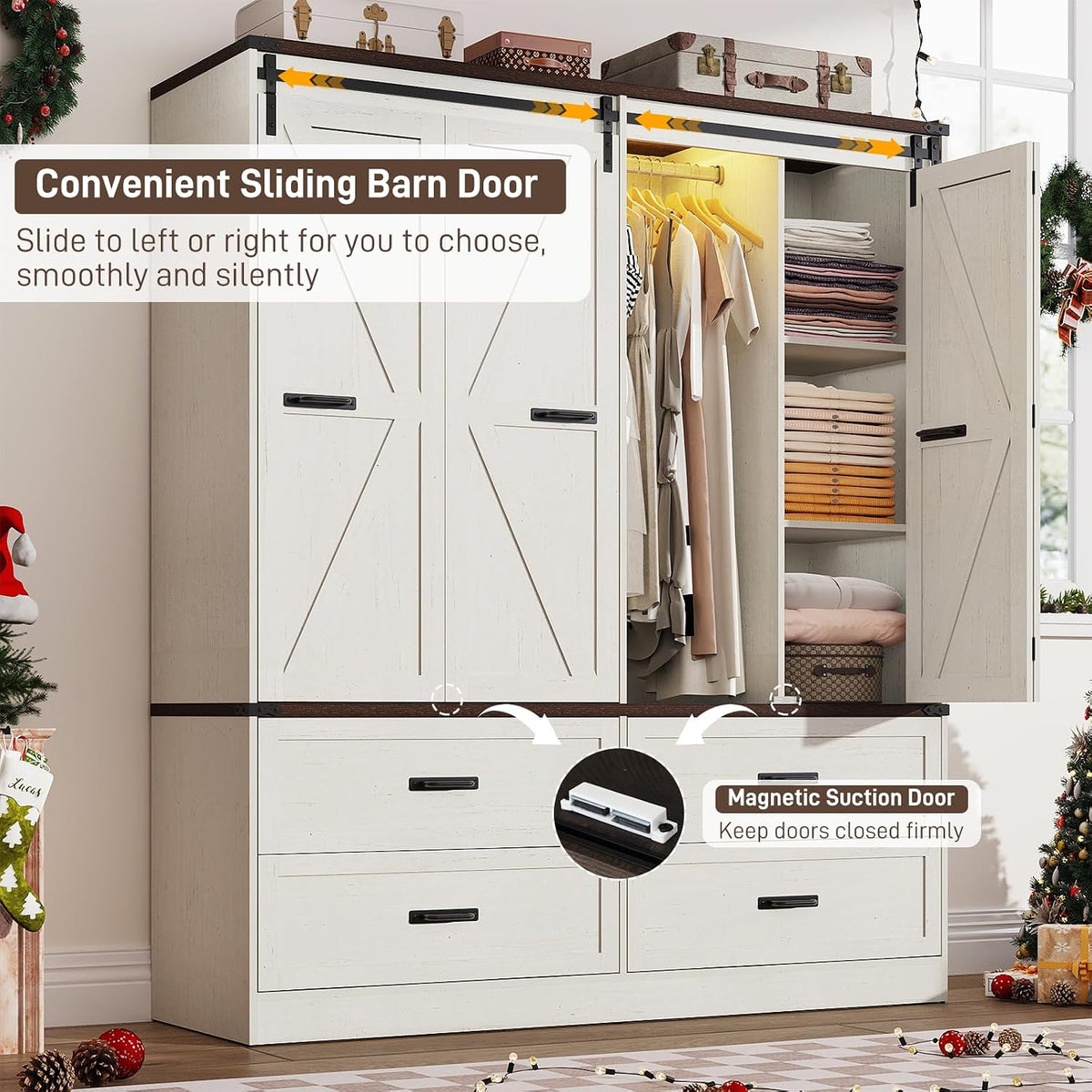 Farmhouse 4 Doors Armoire Wardrobe Closet w/Folding Sliding Barn Door and Lights, LED Armoire Closet w/Drawers for Bedroom, Freestanding Wooden Wardrobe Storage Closets w/Hanging Rod,Antique White