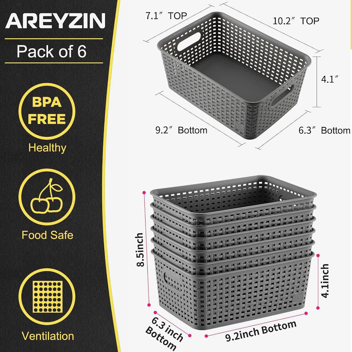 AREYZIN Plastic Storage Baskets -6 Pack, Storage Bins with Lid Organizing Container Lidded Knit Storage Organizer Bins for Shelves Drawers Desktop Closet Playroom Classroom Office,Gray