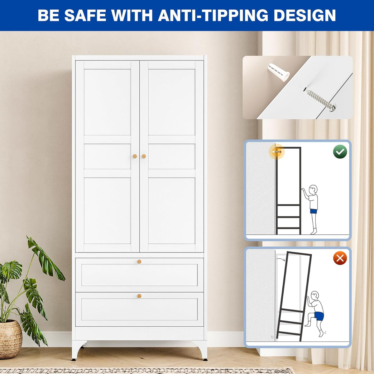 BYNSOE 71" Tall Metal Wardrobe Closet with 2 Drawers, Steel Armoire Cabinet with Hanging Rod and Adjustable Shelves, Freestanding Clothes Storage Organizer for Bedroom Office Furniture