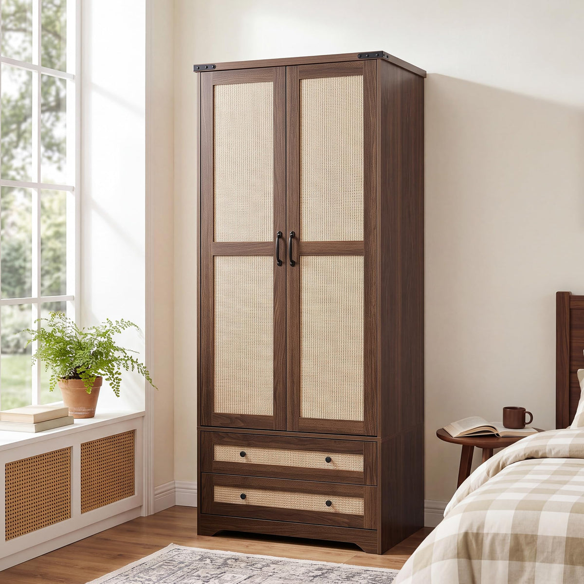 Yechen 71" Wooden Armoire Wardrobe Closet with 2 Doors & 2 Drawers, Natural