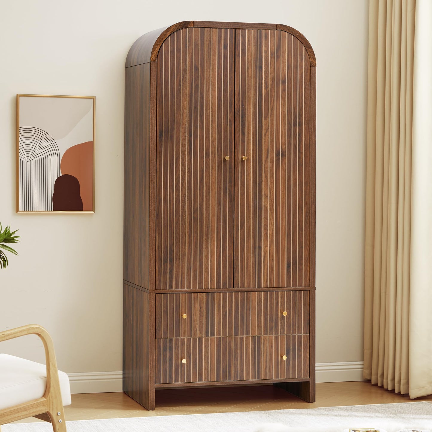 LEVNARY Arched Armoire Wardrobe Closet, Mid-Century Modern 2-Door Freestanding Wardrobe with Hanging Rod and 2 Drawers, Fluted Carved Clothing Storage Cabinet for Bedroom (Natural)