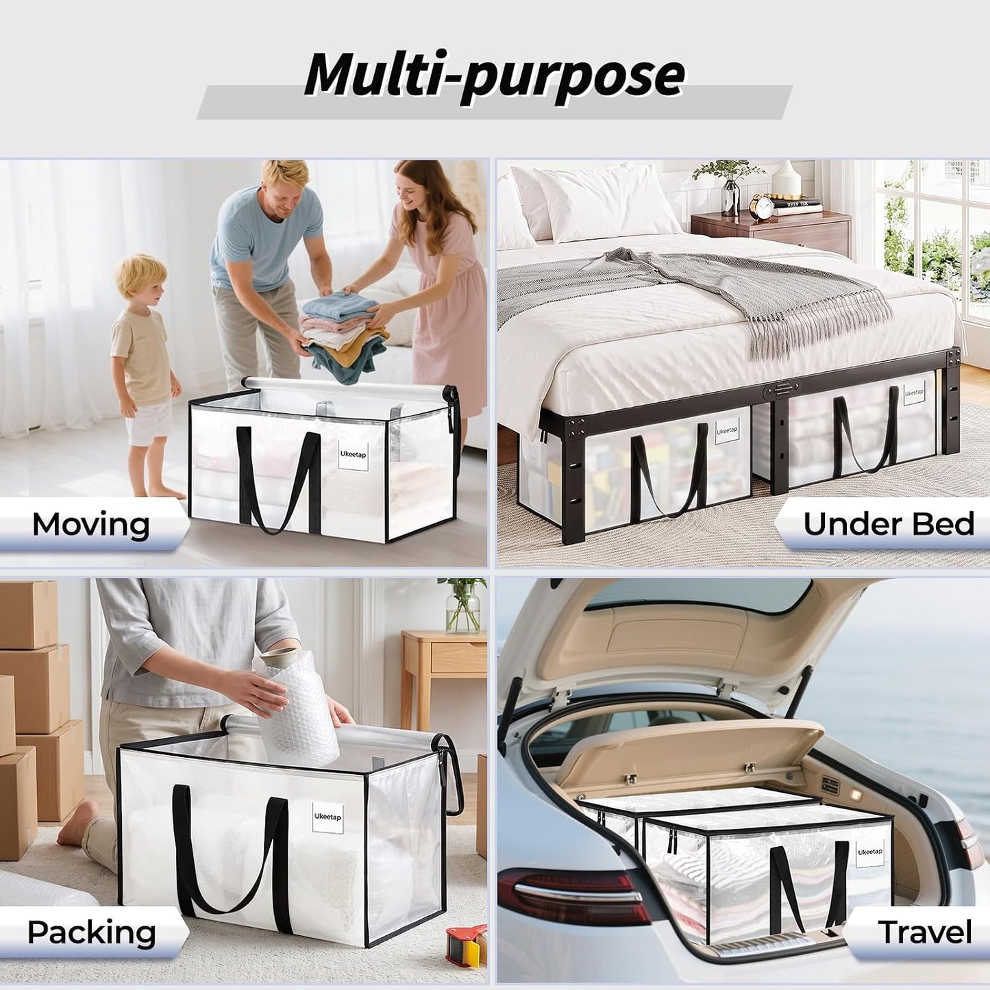 8 Pack Extra Large Clothes Storage Bins with Lids, Moving Bags, Clear