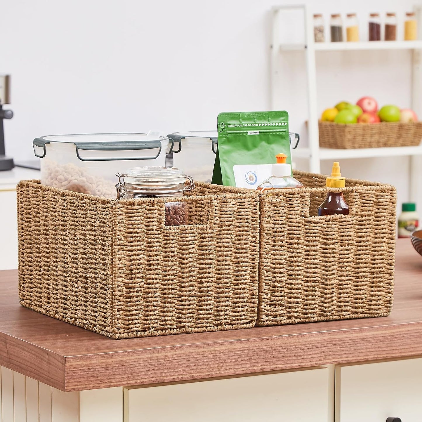 Vagusicc Wicker Storage Basket, Set of 2 Hand-Woven Paper Rope Wicker Basket, Small Storage Baskets for Organizing Toilet Paper Basket, Foldable Large Cube Storage Organizer Bins for Shelves (Natural)