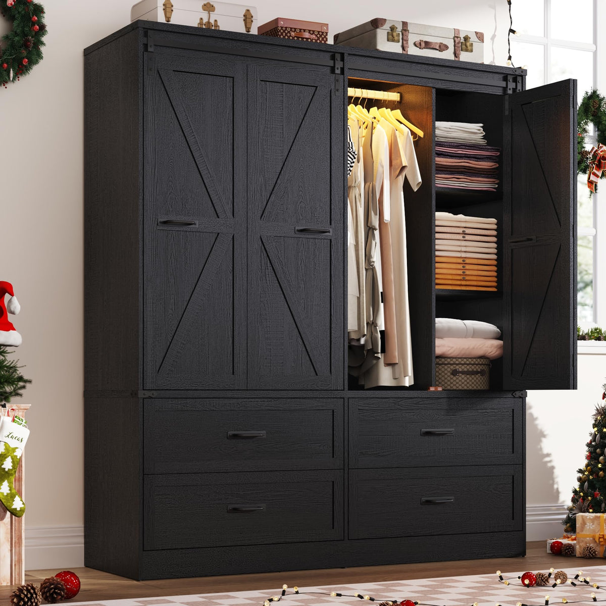 Farmhouse 4 Doors Armoire Wardrobe Closet w/Folding Sliding Barn Door and Lights, LED Armoire Closet w/Drawers for Bedroom, Freestanding Wooden Wardrobe Storage Closets w/Hanging Rod,Antique White