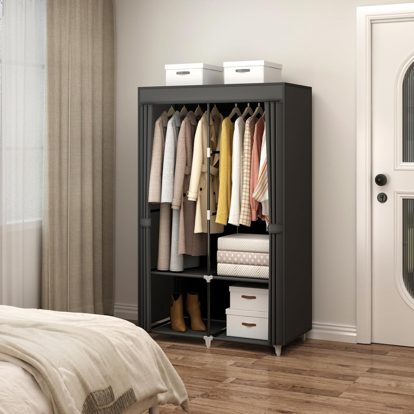 35“ Portable Closet Wardrobe for Small Room, Hanging Rods Shelves & Cover