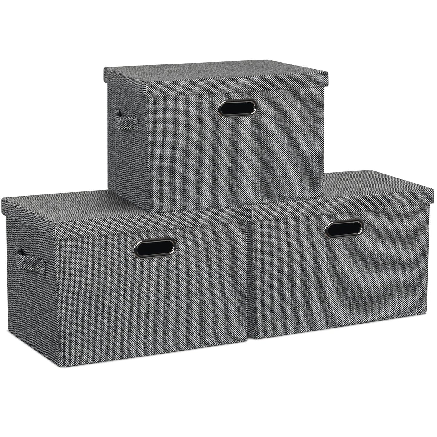 Graciadeco Large Quart Collapsible Stackable Storage Bins with Lids, 3 Packs Beige Linen Fabric Closet Boxes with Lids, Storage Cube Baskets Container Organizers for Bedroom Office(16.6 x 11.7 x 10.8)