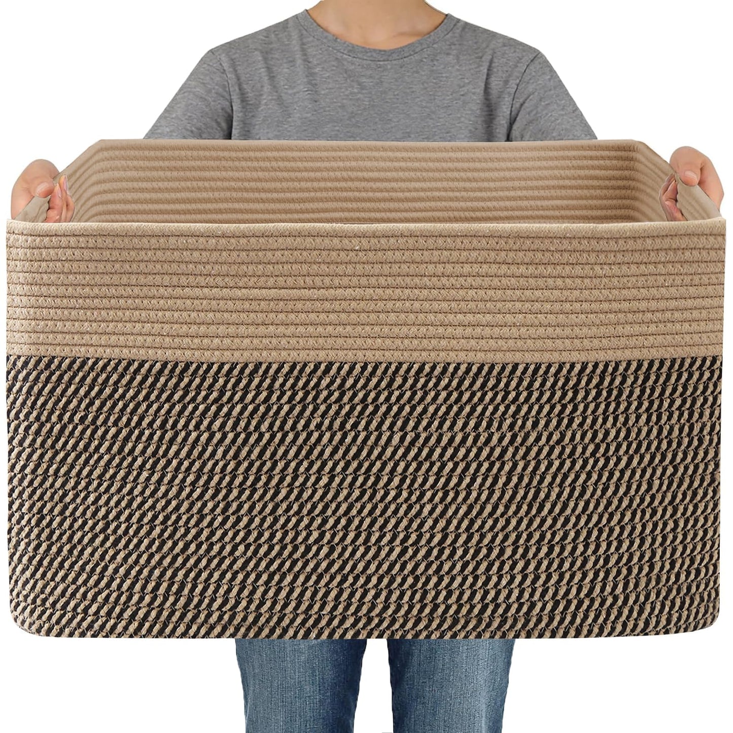 JMvicyroam 65L Large Woven Cotton Rope Blanket Basket, Oatmeal