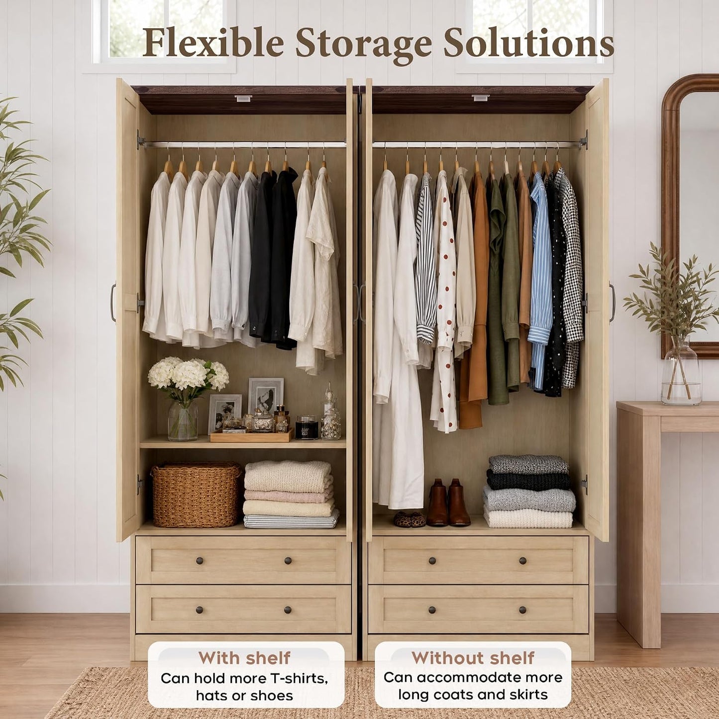 Yechen 71" Wooden Armoire Wardrobe Closet with 2 Doors & 2 Drawers, Natural