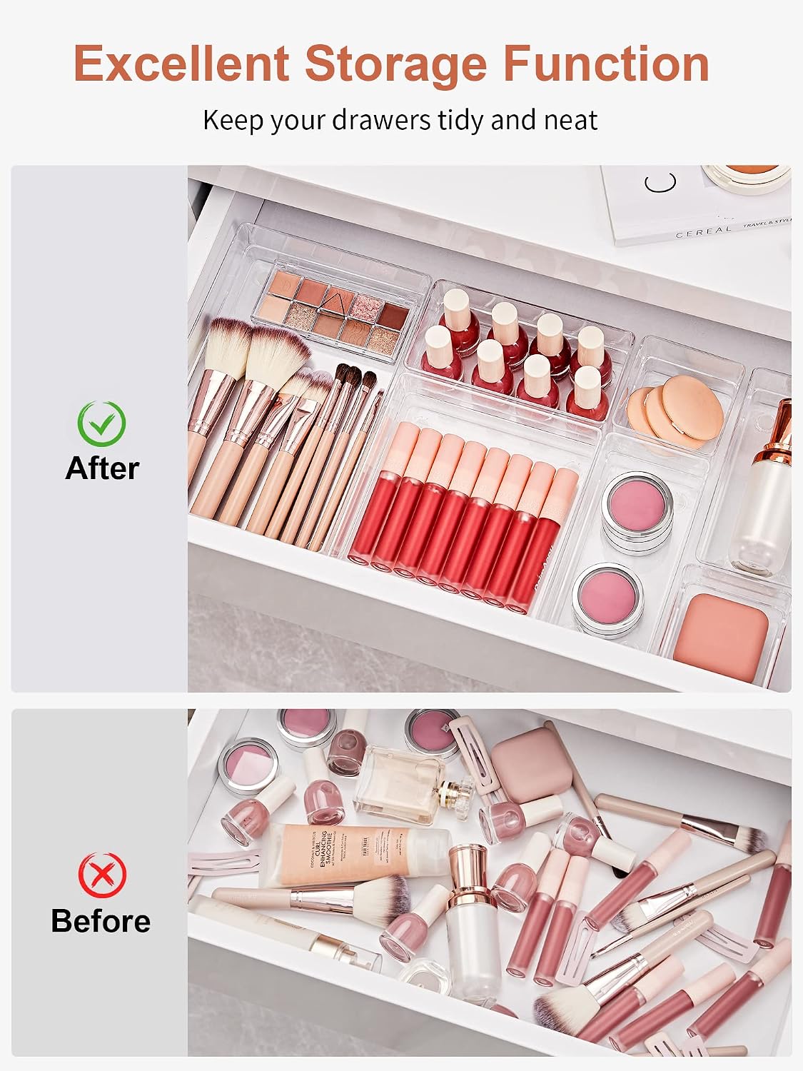 SMARTAKE 13 PCS Drawer Organizer 5-Size Desk Makeup Drawer Organizer Clear