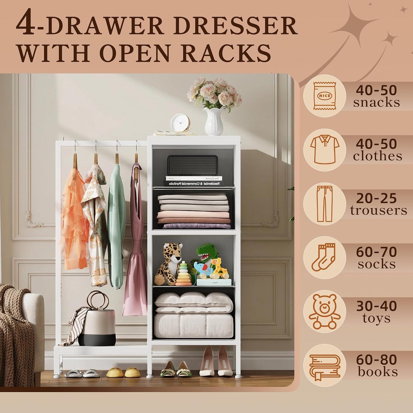 HIGDBFE Tall Dresser 44''H with Hanging Rack, 4 Drawers Small Closet Dresser for Bedroom, Reversible Fabric Chest of Drawers with Clothes Rack, Tall Storage Tower, Sturdy Frame, White