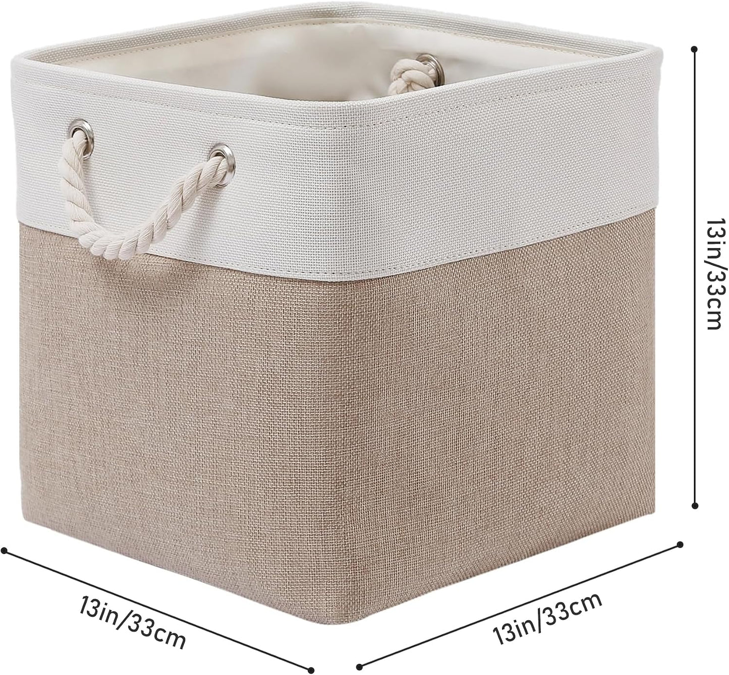 MidmmVick 13 x 13 Inch Cube Storage Bins, 6 Pack Extra Large Collapsible Fabric Storage Bin with Ropes, Foldable Storage Cubes for Home (White & Beige-13"x13"x13")