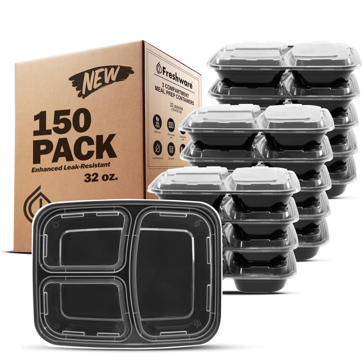 Freshware Meal Prep Containers [50 Pack] 3 Compartment Food Storage Containers with Lids, Bento Box, BPA Free, Stackable, Microwave/Dishwasher/Freezer Safe (24 oz)