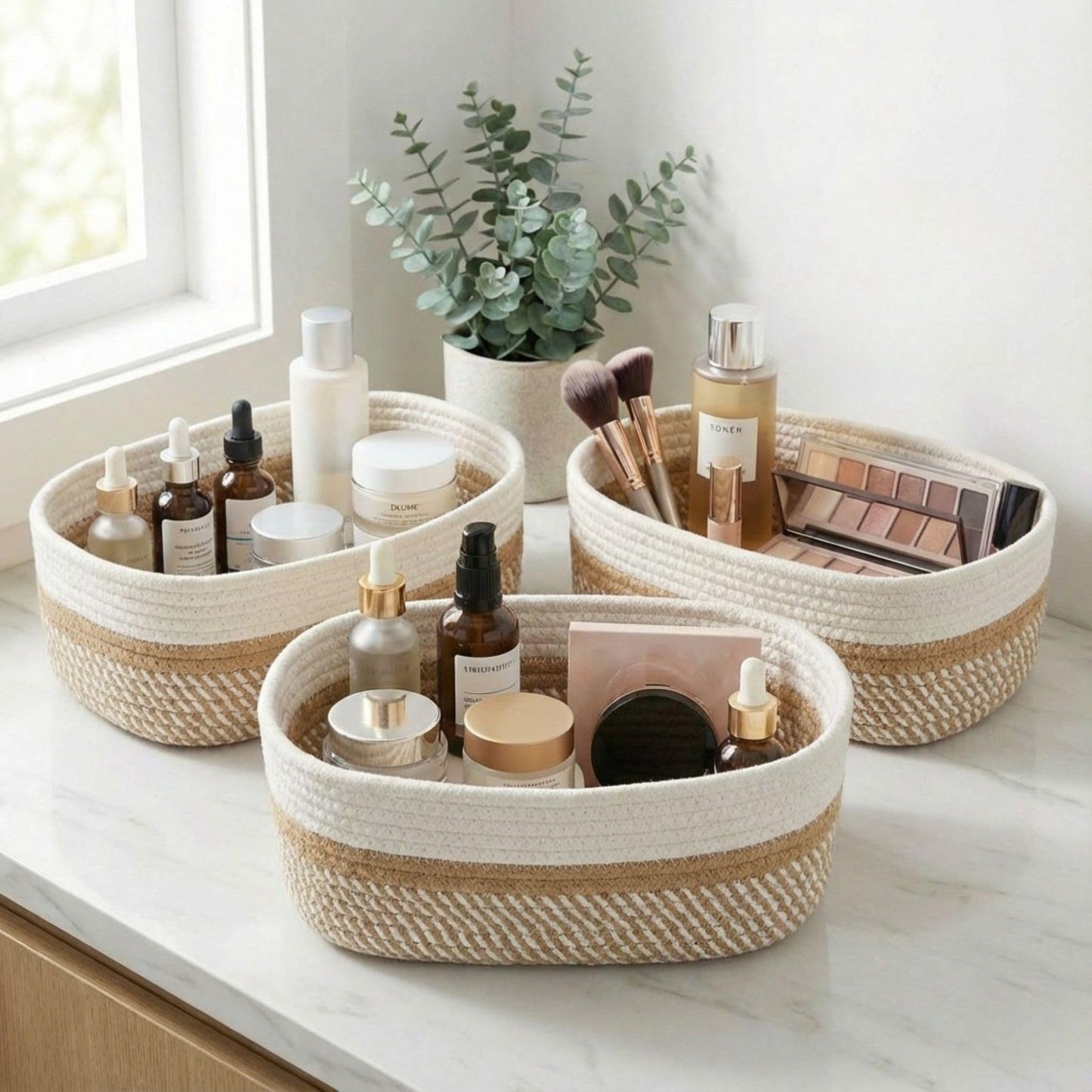 Beautiful Storage Basket Set of 3 - Sturdy Jute Rope Baskets for Shelves