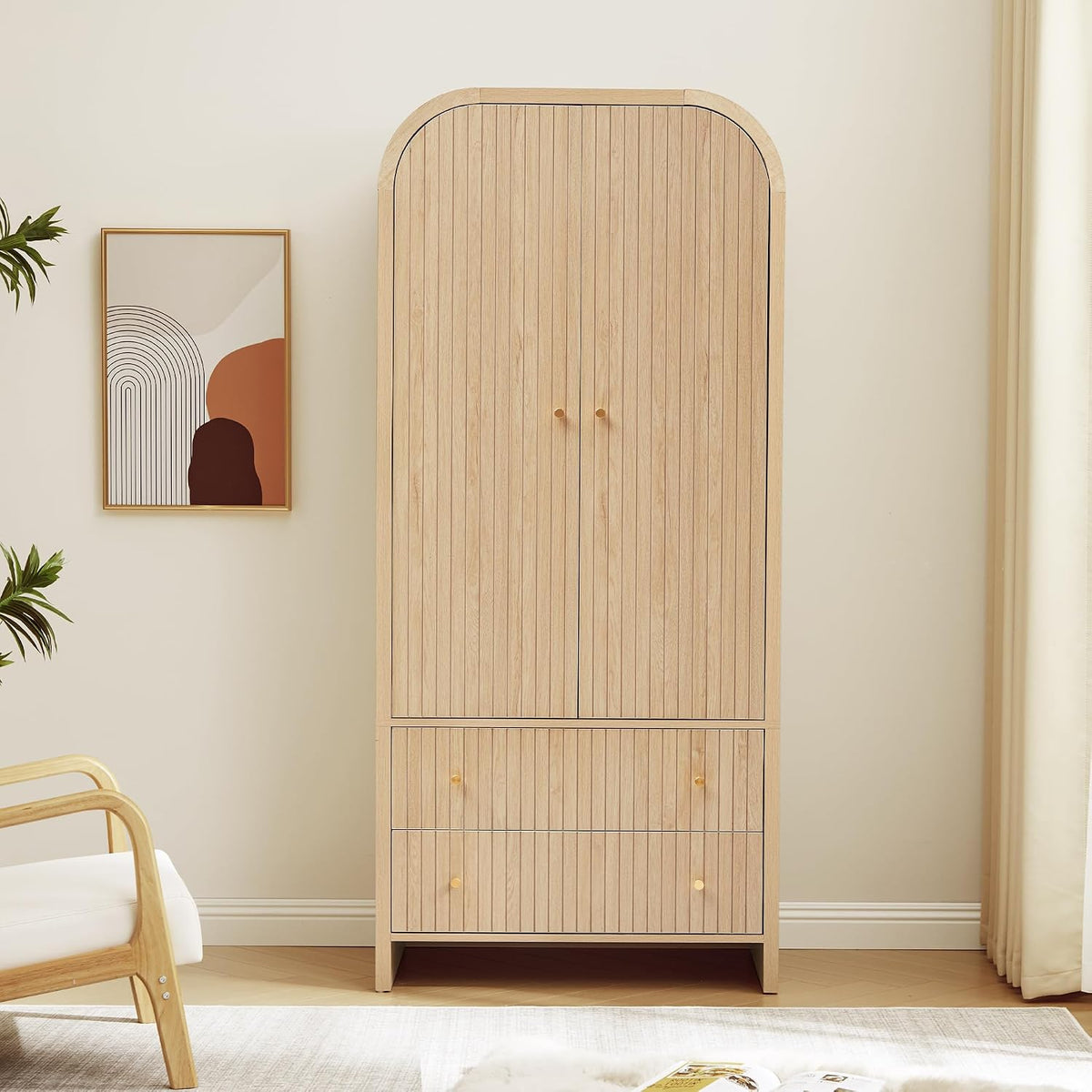 LEVNARY Arched Armoire Wardrobe Closet, Mid-Century Modern 2-Door Freestanding Wardrobe with Hanging Rod and 2 Drawers, Fluted Carved Clothing Storage Cabinet for Bedroom (Natural)