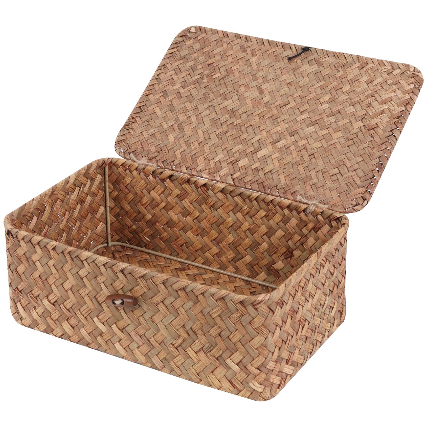 FEIALNDUO Wicker Shelf Baskets with Lid,Seagrass Storage Basket Bins Rectangular Handwoven Basket Boxes for Shelves Desktop Home Organizer (Coffee, X-Small)