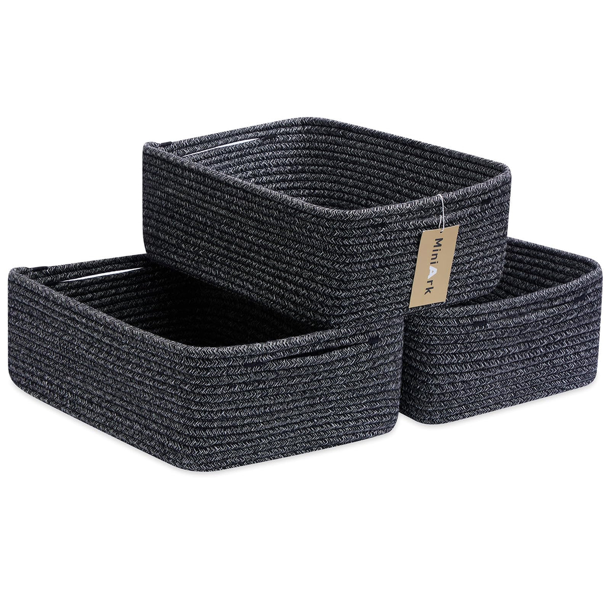 MiniArk Large Shallow Organizing Baskets 15x11x5.1 Inches - Rope Woven Storage Bins for Bathroom, Shelves, Cube Closet, Mixed Brown 2 Packs